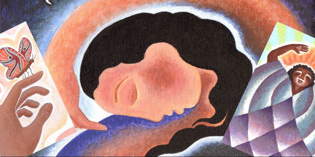 An abstract painting featuring a central peach-toned face silhouette with dark hair, surrounded by swirling blue, cream, and purple forms, plus two inset illustrated scenes: a hand holding a butterfly on the left and a smiling figure wrapped in a checkered blanket on the right.
